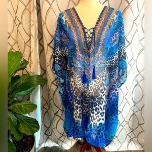 NWT True Colours by La Moda Blue Cat Maxi Swim Cover Up Caftan Dress One SZ